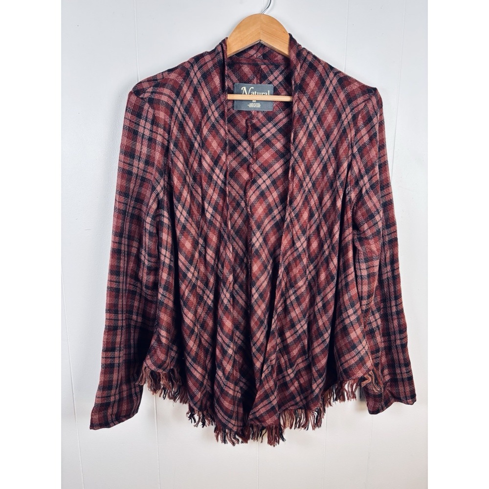 Natural Reflections Size Medium Plaid Fringe Trim Open Sweater Cardigan Cover